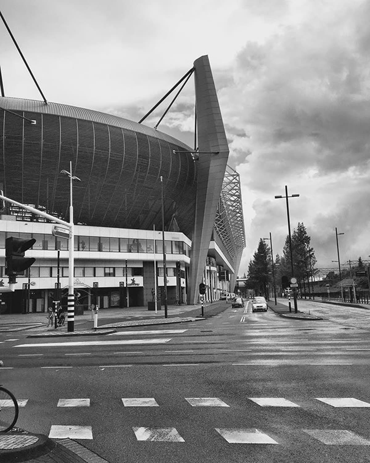 Stadium architecture along an empty city street